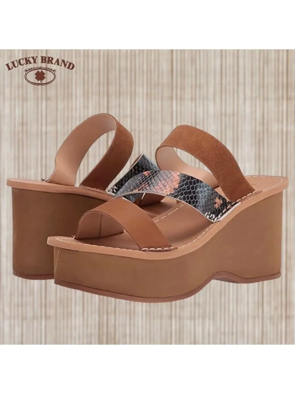 LUCKY BRAND Mimya Leather/Suede/Snake Print Strap Wedge Heeled Sandals/10M NWT
